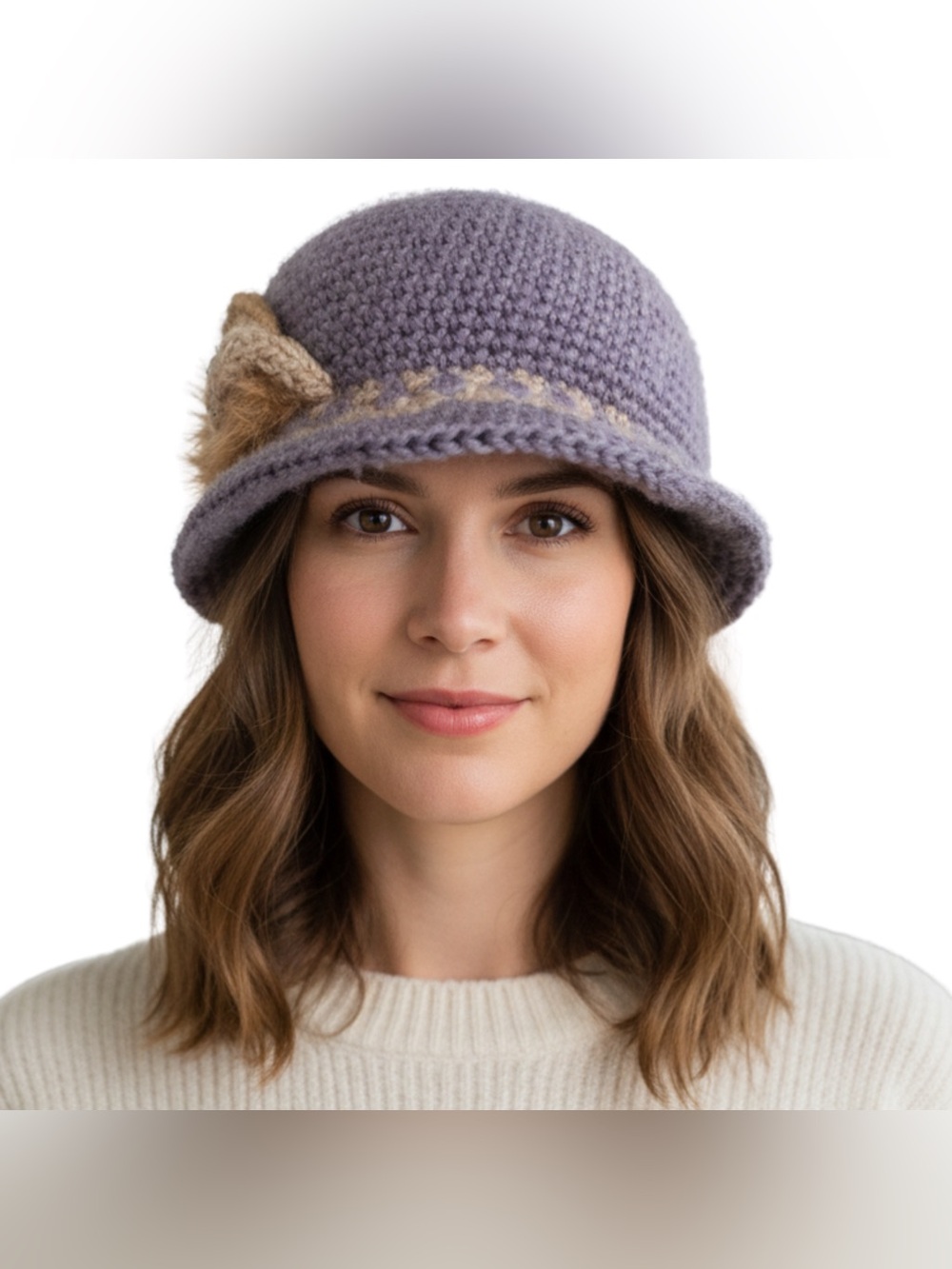 Vintage Crocheted Bucket Hat Cloche Purple Wool Blend Winter Bow Accent Boho